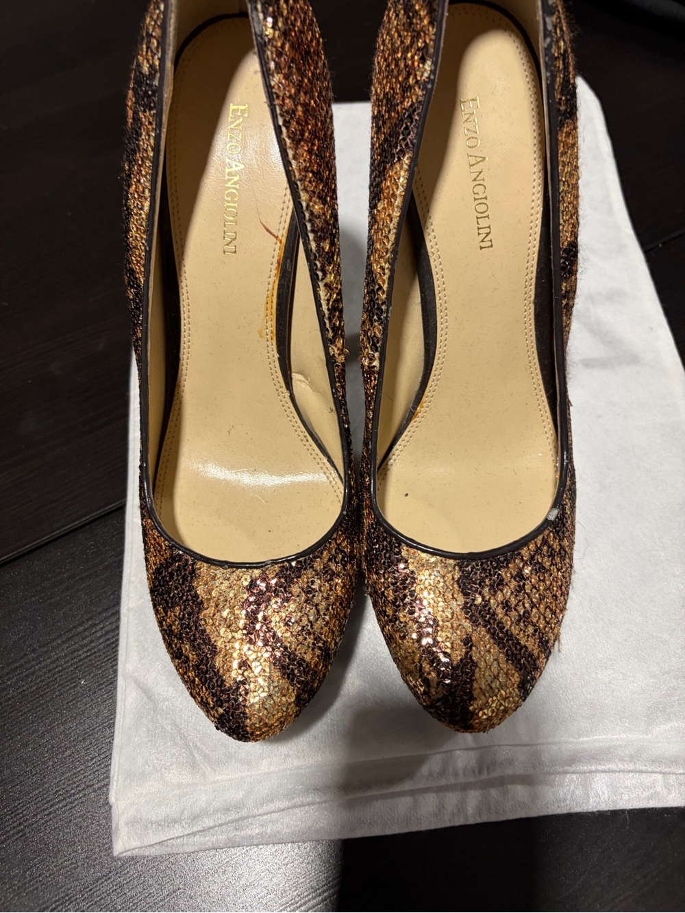 Enzo Angiolini Brown and Gold Sequin Snake-Print Pumps